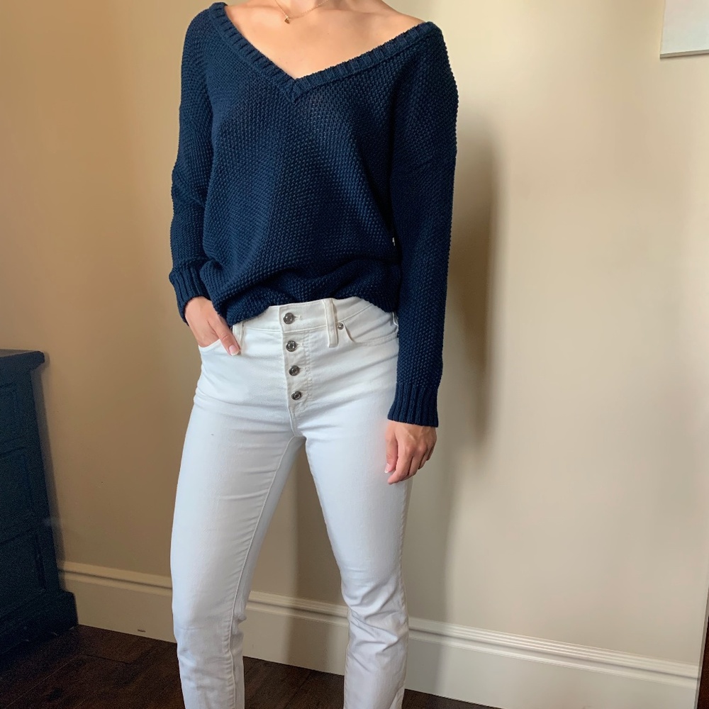 Navy Knit V-Neck Sweater